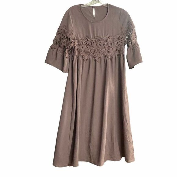 Embroidered Crochet Shift Swing Dress Size Small Taupe - Picture 1 of 9